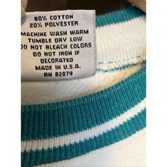 Vintage 90s LA LOVING Textured Knit Crewneck Sweatshirt Men's L‎ White Teal USA - Picture 4 of 15